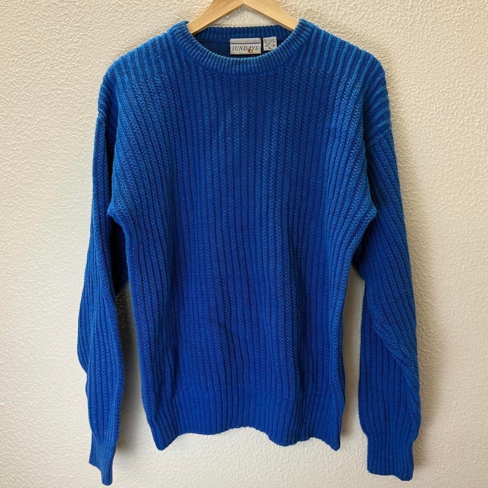 90s Sundays Knit Sweater Mens XL Blue Excellent Chunky Ribbed Ramie Cotton